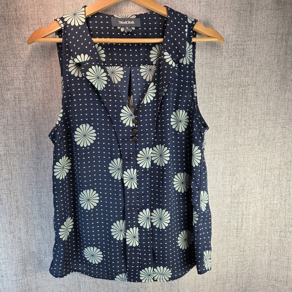 ModCloth Womens Med Floral Polka Dot Blue V-Neck Sleeveless Blouse Pullover Boho